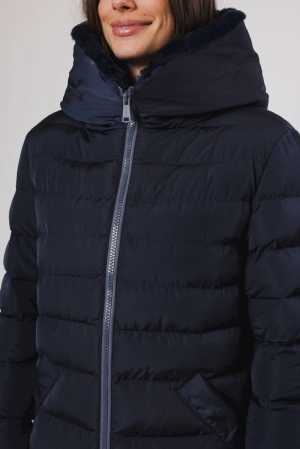Long padded hooded coat with f Navy -